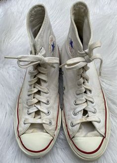 **Please read description, check measurements if applicable, and see pictures as I do Not take returns** **Please ask questions if needed. Thank you.** Preowned vintage condition. These sneakers were purchased around 1968. They have been cleaned.I’m not sure if they were originally white or more of an off white. There is wear and some staining. There is also a small part of the sole missing in the front bottom of the right shoe (pictured). They are being Sold As Is. Brand: Converse Size: 8 Color Mens Converse, Vintage Converse, Blue Label, Front Bottoms, White Sneaker, High Top, Top Sneakers, High Tops, High Top Sneakers