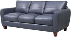 a gray leather couch with wooden legs