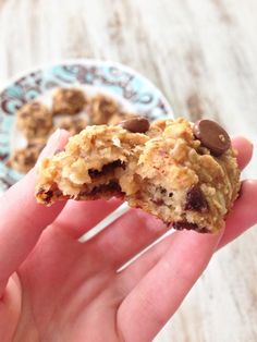 a hand holding an oatmeal cookie with chocolate chips in it on a plate