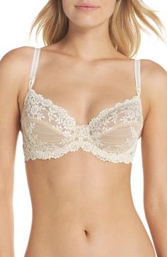 Sheer-topped cups are detailed with feminine lace in a beautiful underwire bra. Partially lined Polyester/nylon/spandex Hand wash, line dry Imported Lingerie Fitted Bra With Lace Trim And Sweetheart Neckline, Elegant Full Coverage Bra With Lace Trim, Fitted Bra With Lace Closure And Sweetheart Neckline, Beige Lace Bra Comfortable, Feminine Wedding Bra With Delicate Lace, Feminine Full Cup Bra With Delicate Lace, Fitted Lace Bra With Lace Trim, Beige Lace Bra With Lace Closure, Classic Fitted Bra With Removable Pads