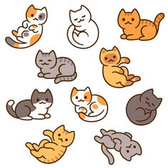 six different colored cats sitting together on a white background with one cat laying down and the other