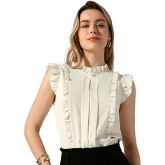 This Allegra K Women's Ruffle Shirt is perfect for spring and summer, suitable for various occasions such as office, work, business, casual, and dates. The sleeveless design with ruffled trim and keyhole button neck adds an elegant and feminine touch. This solid color top can be paired with jeans or straight-leg pants for work, or flared skirts for daily outfits. Made of 100% polyester, it offers a regular fit and is machine washable in cold water with like colors. Available in multiple sizes, t Classic Sleeveless Blouse For Spring, Classic Sleeveless Blouse For Office, Spring Workwear Sleeveless Blouse, Casual Sleeveless Blouse For Office, Casual Sleeveless Office Blouse, Classic Sleeveless Office Tops, Sleeveless Blouse For Office In Spring, Classic Sleeveless Blouse For Work, Summer Office Sleeveless Blouse