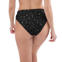 Channel your inner goth at the beach or poolside with Goth Cloth Co.'s Gothic Halloween High-Waisted Bikini Bottom. Featuring a haunting pattern of ghosts, pumpkins, black cats, and spider webs in black and white, these bottoms offer gothic style and comfort for your summer adventures. Key Features: Recycled polyester fabric: Made from 88% recycled polyester and 12% elastane in the EU, or 81% REPREVE recycled polyester and 19% LYCRA XTRALIFE in MX, providing a soft, stretchy fit. Double-layered Black Swimwear For Halloween Costume Party, Black Rave Bottoms For Halloween, Rave Style Black Bottoms For Halloween, High Waist Fitted Swimwear For Festivals, Fitted Halloween Swimwear For Pool, Black Rave Bottoms For Beach, Sport Bikinis, Spider Webs, Gothic Halloween