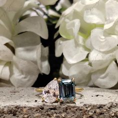 an engagement ring with two pear shaped diamonds on it and flowers in the back ground