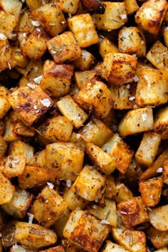 roasted potatoes with herbs and seasoning on top