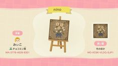 an animal crossing card with flowers on the easel and other items in front of it