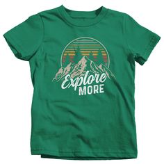 "Kids Hiking T Shirt Hiker Shirt Explore More Mountains Shirt Hiker Gift Camping Tee Mountains Shirt Boy's Girl's Youth Get there when you do! Hiking can be so freeing. This t shirt is perfect for any hiker or camper. It features vintage colors, a mountain range and distressed fonts. It simply reads 'Explore More'. Made of soft, ring spun cotton. Includes a drawstring cotton gift bag. Direct to garment printed using the latest technology. Soft, ring spun cotton. Please check out my other Etsy It Green Graphic Tee For Outdoor, Outdoor Green T-shirt With Graphic Print, Cotton Tops With Front Print For Outdoor Activities, Green Graphic Tee For Outdoor Activities, Green Graphic Print Outdoor T-shirt, Green Graphic Print T-shirt For Outdoor, Short Sleeve Tops With Text Print For Adventure, Green Cotton Top For Outdoor Activities, Green Cotton Tops For Outdoor Activities