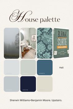 the color scheme for this house palette is blue and gray, with white trims