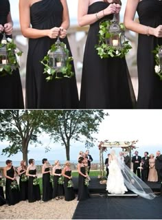 the bridesmaids are holding their bouquets with greenery on them, while the groom is walking down the aisle