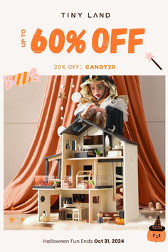 Tiny Land Black Dollhouse featured in Halloween sale, offering 20% off and up to 60% off other toys. Black Dollhouse, Dollhouse Family, Modern Dollhouse, Unique Toys, Indoor Activities For Kids, Indoor Fun, Diy Dollhouse Furniture, Halloween Sale, Indoor Activities