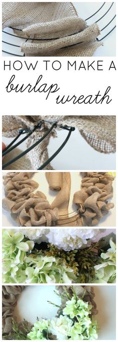 the steps to make a burlap wreath with flowers and leaves on it are shown