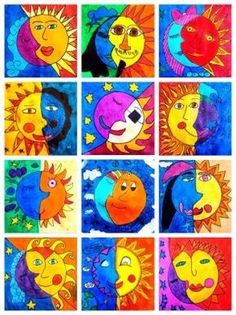 nine sun and moon paintings in different colors