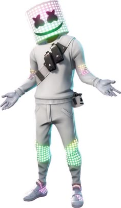 a person in a white suit with green and pink lights on their head, arms and legs