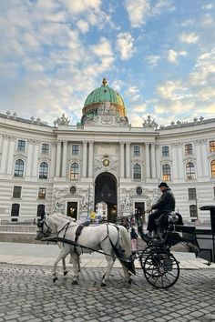 two white horses pulling a carriage in front of a large building with a dome on top