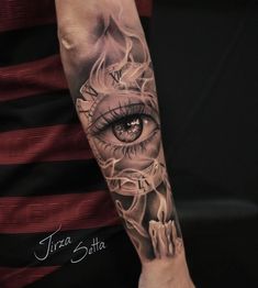 Eye Forearm Tattoo Men, Eye Clock Tattoo Design For Men, Eye In Clock Tattoo Design, Women Eye Tattoo Ideas, Fill Ins For Sleeve Tattoos, Eye Tattoo Ideas Women Sleeve, Eye Tattoo With Clock, Half Arm Sleeve Tattoo For Women Unique, Forearm Eye Tattoo