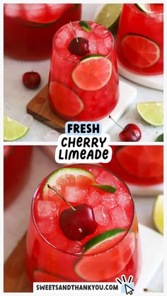 fresh cherry limeade cocktail in glasses with cherries and limes on the side