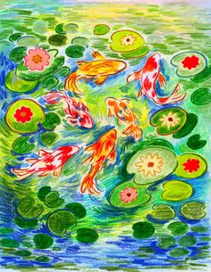 a drawing of koi fish swimming in water with lily pads on the bottom and green leaves