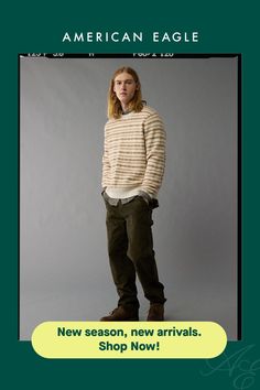 an advertisement for american eagle featuring a man in striped sweater and khaki pants