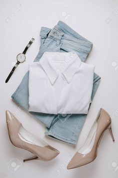 Picture of Women's clothing on a pale backgroundFlat lay and top view stock photoimages and stock photographyImage 121677135. Flat Lay Photos Clothes, Flat Layout Photography Clothes, Instagram Flatlay Ideas Clothing, Clothing Layout Flat Lay Instagram, Product Shoot Ideas Clothing Flat Lay, Clothes Flat Lay Photography, Flatlay Photography Clothing Background, Flat Lay Ideas Clothing, Clothe Photo Product