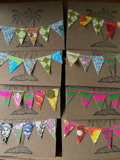 four different colored flags on brown paper with palm trees