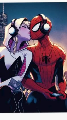 spider - man and woman kissing in front of a cityscape with headphones on