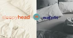 there are pillows and blankets on top of the bed with the words sleep head vs wakefit