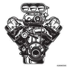 an old motorcycle engine in black and white, with the front end cut out to show the