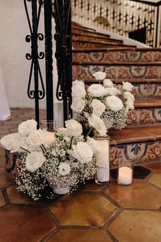 White Rose and Baby's Breath Wedding Arrangement at @villaantonia www.fleuraffair.com/blog White Roses Wedding Decoration, Roses And Baby Breath, White Roses And Baby Breath Bouquet, White Roses And Babysbreath Wedding, White Roses Ceremony Aisle, White Roses Down Aisle, White Roses And Babysbreath, Baby’s Breath And White Rose Centerpieces, White Rose And Baby’s Breath