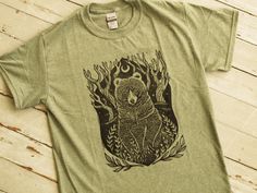 Block Print Tshirts, Linocut Shirt, Whimsical Clothing, Art Tshirt Design, Market Booth, Lino Cuts, Lino Printing, Green Birthday, Woodland Bear