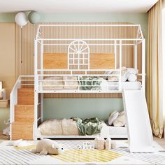 a white bunk bed sitting on top of a floor next to a stair case in a bedroom