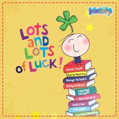 a cartoon character is sitting on top of a stack of books with the words lots and lots of luck