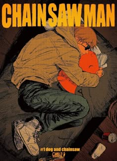 a man laying on top of a bed next to a bottle and paper bag with the words chainsawman written on it