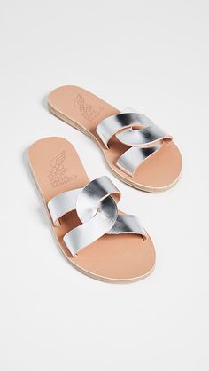 Ancient Greek Sandals Desmos Slides | SHOPBOP Silver Leather Sandals With Flat Heel, Elegant Open Toe Slides With Rubber Sole, Silver Open Toe Mules With Removable Insole, Silver Slides With Leather Footbed, Silver Slip-on Sandals With Leather Footbed, Elegant Slides With Leather Lining And Open Toe, Silver Leather Slides For Summer, Silver Slides With Leather Footbed For Summer, Silver Leather Sandals With Leather Footbed