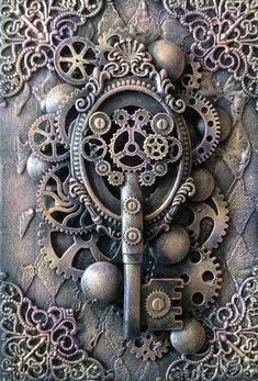 an intricately designed metal plaque with gears and keys on it's side,