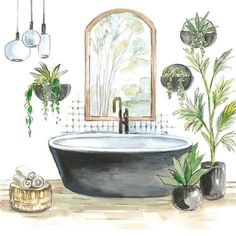 a watercolor painting of a bathtub and potted plants in front of a mirror