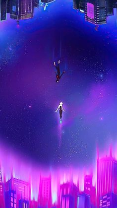 two people are flying in the air over a city with tall buildings and neon lights