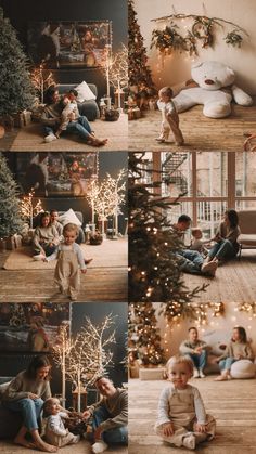 a collage of photos with people sitting on the floor in front of christmas trees