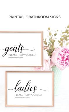 three bathroom signs with pink flowers and greenery