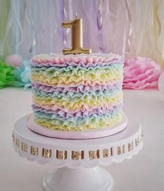 there is a cake that has the number one on it and ruffles around it