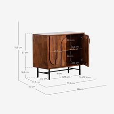 an image of a wooden cabinet with measurements on the front and back side, including height