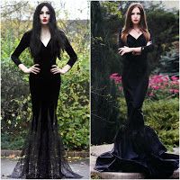 two photos of women dressed in black gowns, one with her hands on her hips