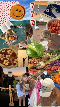 a collage of photos with people and food on the beach, one woman is holding a cell phone