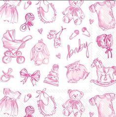 pink baby shower napkins with pictures of babies and their accessories on them, all drawn in pencil