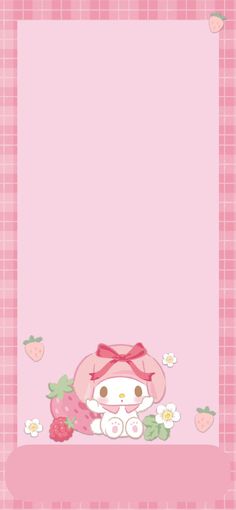 a pink background with an image of a hello kitty and strawberrys on the bottom