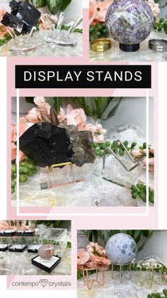 Crystal Display Stands from Contempo Crystals Rock And Mineral Display Ideas, Mineral Rock Display, Crystal Sphere Display Ideas, Diy Crystal Stand, How To Display Crystals And Stones, Crystal Display Ideas, Rock Collection Display, Rock Display, Displaying Crystals