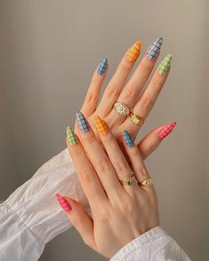 Summer Nails At Home, Gingham Nails, Cozy Fall Vibes, Edgy Nails, Cute Acrylic Nail Designs, Rainbow Nails