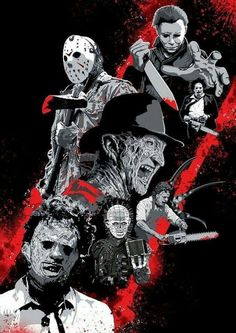 the poster for friday's horror movies is shown in black and red with blood splattered all over it