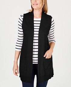 Sleeveless Vest Womens - Macy's Duster Vest, Metallic Sweater, Solid Sweaters, Polyester Jacket, Sweater Vest Women, Casual Sweater, Vest Pattern, Karen Scott, Deep Black