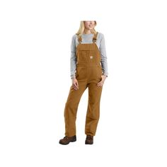 Stay warm and focused on the task at hand with the Carhartt Quilt-Lined Duck Bib Overalls for Ladies. 3M Thinsulate featherless insulation keeps your core and legs warm when the temperature plunges. Plus, a smooth, quilted nylon lining makes layering easy. Heavy-duty 12-oz., 100% cotton ringspun duck, triple-stitched main seams, double-layer knees with openings for knee pads (not included), and reinforced Cordura 360� kick panels ensure top-shelf durability for your toughest jobs. Reaches Carhartt's 'Warmth LEVEL 3  WARMEST' for protection in severe cold conditions. Stretch side panels provide the right amount of flex for unrestricted movement. Multicompartment, zippered bib pocket, 2 large lower-front pockets, and reinforced back pockets stash essentials. Adjustable elastic suspenders wit Carhartt Bibs, Winter Overalls, Brown Overalls, Work Overalls, Carhartt Overalls, Overalls Fashion, Carhartt Womens, Safety Clothing, Carhartt Women