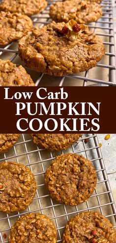 low carb pumpkin cookies on a cooling rack with the words low carb pumpkin cookies